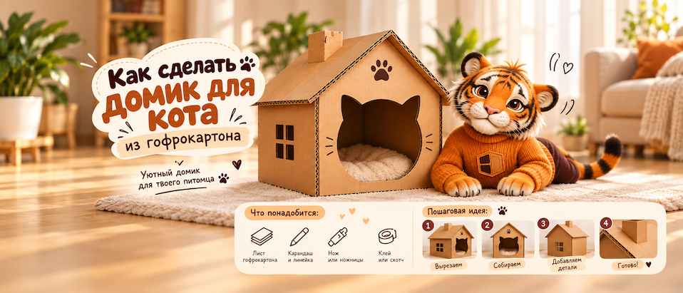 Как сделать домик для кота из гофрокартона